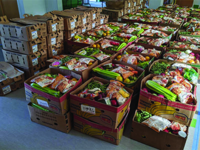 Boxes of food for Thanksgiving giveaway.
